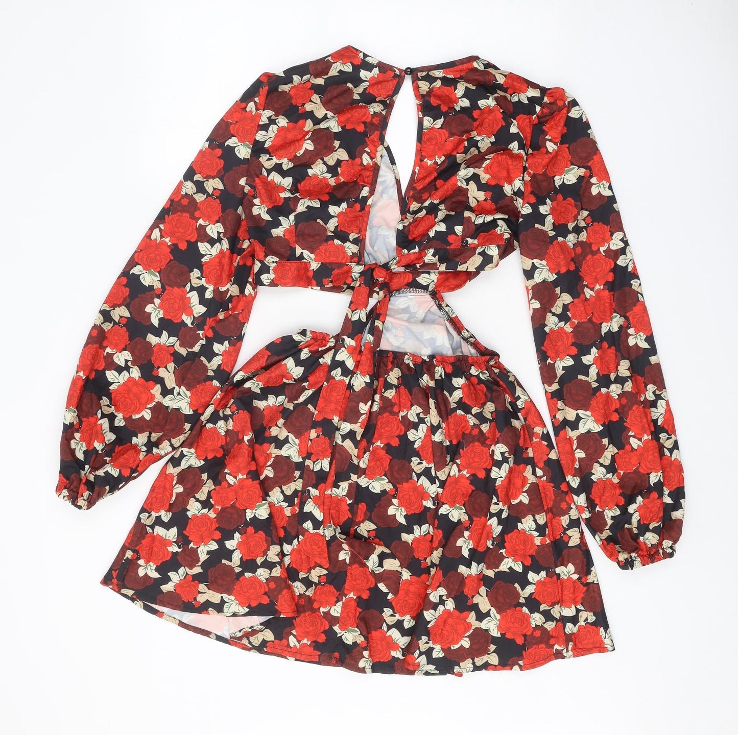 SheIn Womens Red Floral Polyester A-Line Size S V-Neck Tie - Open Back