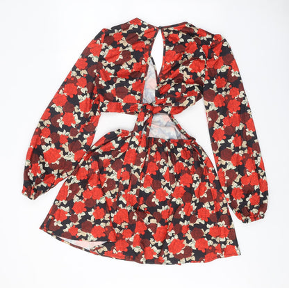 SheIn Womens Red Floral Polyester A-Line Size S V-Neck Tie - Open Back