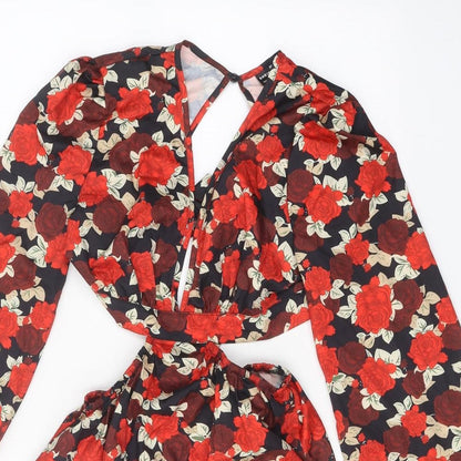 SheIn Womens Red Floral Polyester A-Line Size S V-Neck Tie - Open Back