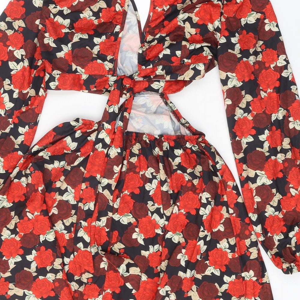 SheIn Womens Red Floral Polyester A-Line Size S V-Neck Tie - Open Back