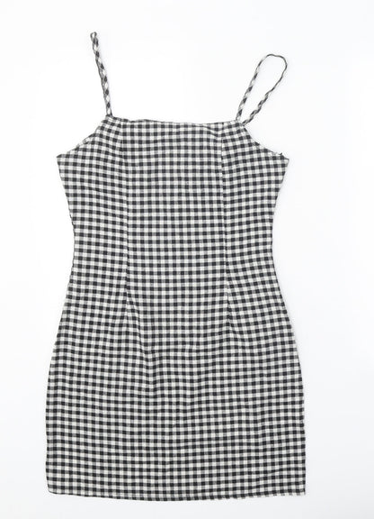Preworn Womens Black Gingham Polyester Tank Dress Size S Round Neck Zip