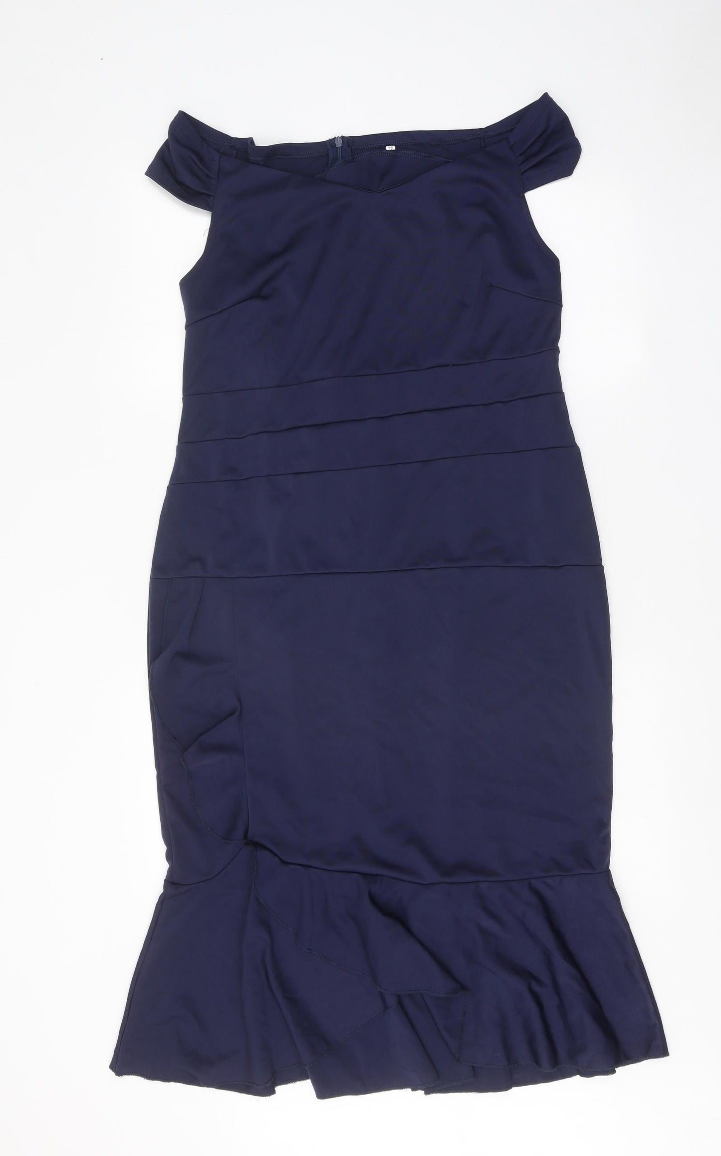 Preworn Womens Blue Polyester Pencil Dress Size 2XL Boat Neck Zip - Drop hem