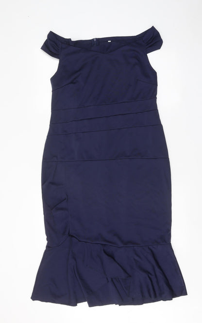 Preworn Womens Blue Polyester Pencil Dress Size 2XL Boat Neck Zip - Drop hem