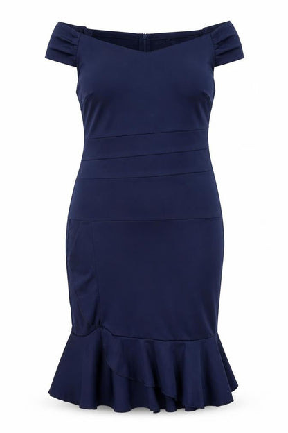 Preworn Womens Blue Polyester Pencil Dress Size 2XL Boat Neck Zip - Drop hem