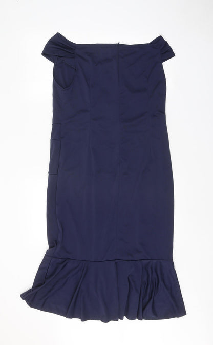 Preworn Womens Blue Polyester Pencil Dress Size 2XL Boat Neck Zip - Drop hem