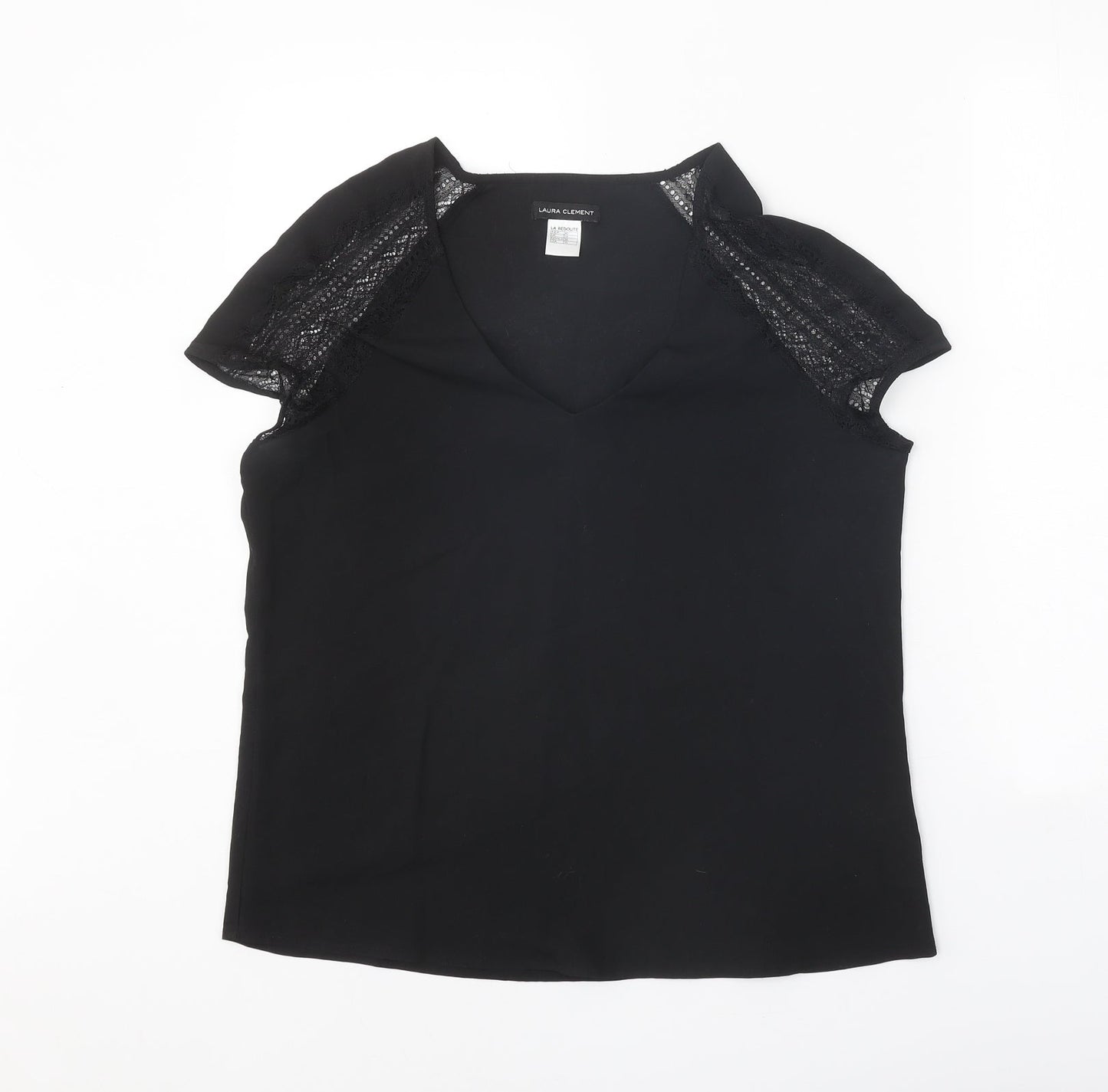 Laura Clement Womens Black Polyester Basic T-Shirt Size 12 V-Neck - Lace Sleeve Detail