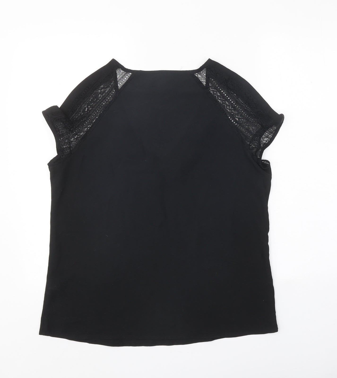 Laura Clement Womens Black Polyester Basic T-Shirt Size 12 V-Neck - Lace Sleeve Detail