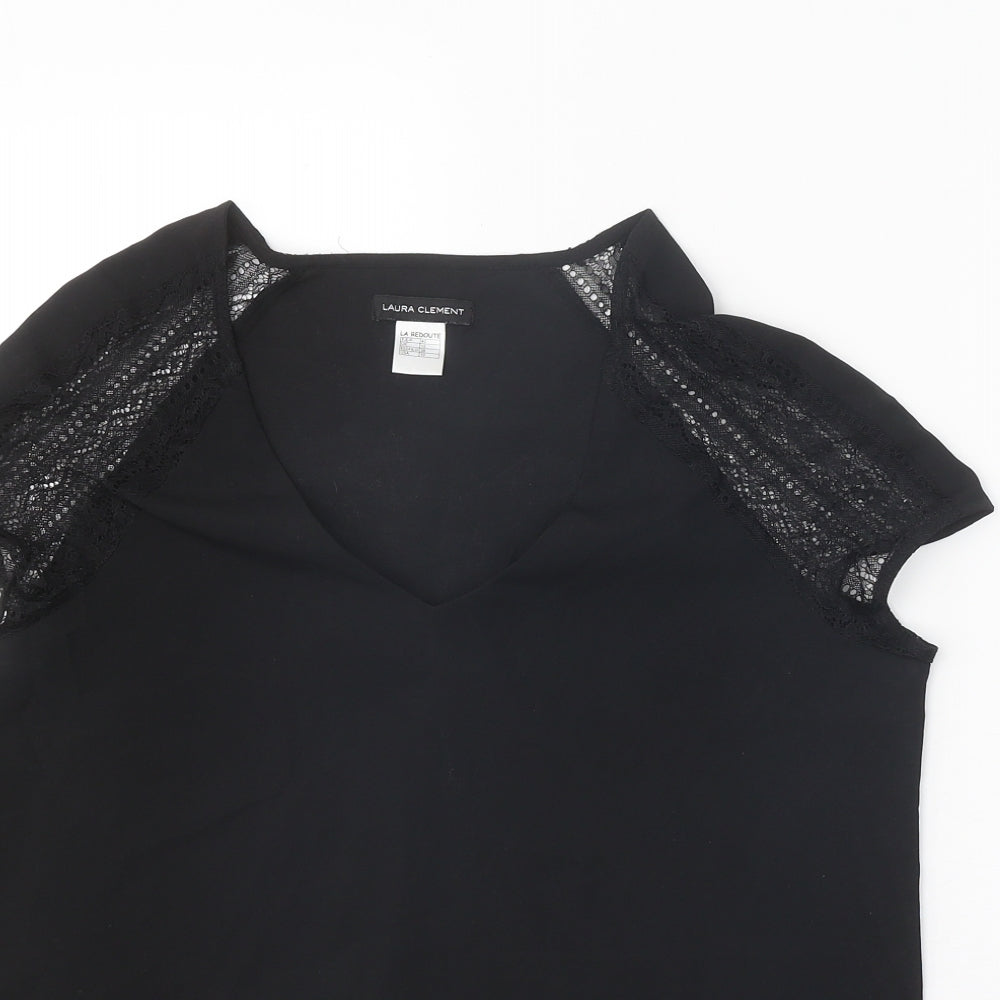 Laura Clement Womens Black Polyester Basic T-Shirt Size 12 V-Neck - Lace Sleeve Detail