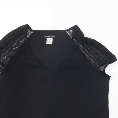 Laura Clement Womens Black Polyester Basic T-Shirt Size 12 V-Neck - Lace Sleeve Detail