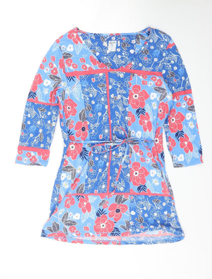 Preworn Womens Blue Floral Cotton A-Line Size 12 V-Neck Pullover
