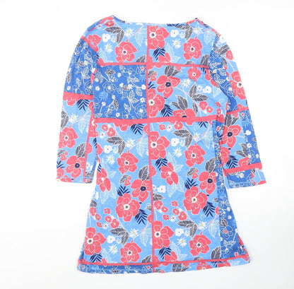 Preworn Womens Blue Floral Cotton A-Line Size 12 V-Neck Pullover
