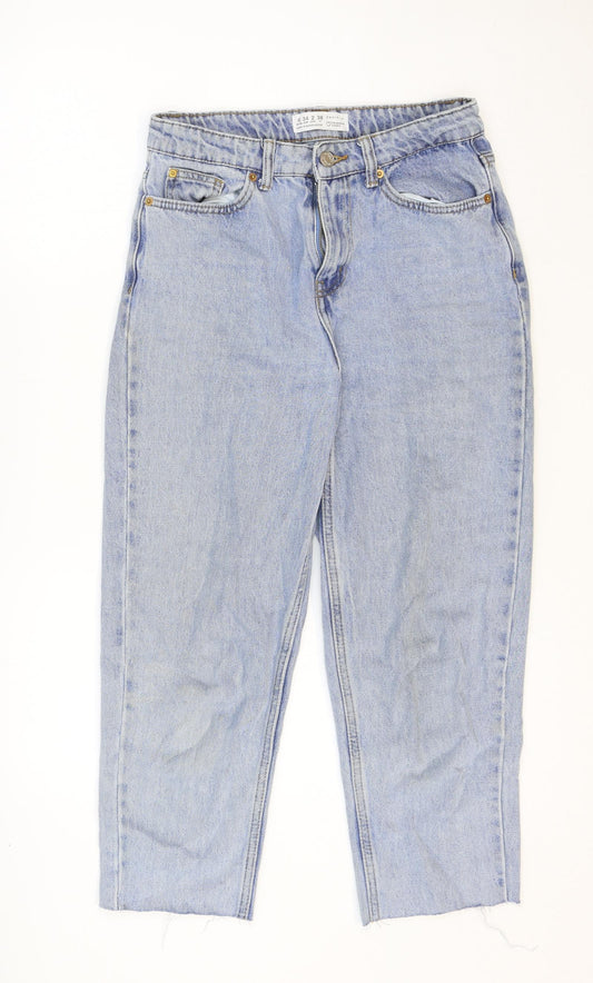 Primark Womens Blue Cotton Straight Jeans Size 6 Regular Zip - Distressed Hems