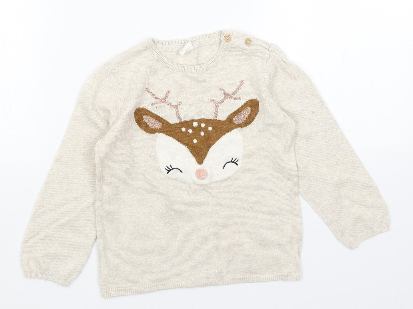 H&M Girls Beige Round Neck Cotton Pullover Jumper Size 2XS Pullover - Reindeer
