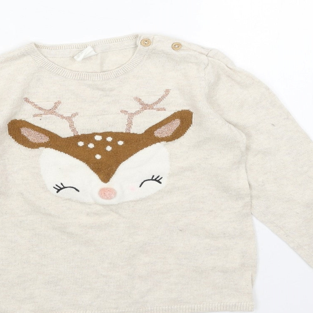 H&M Girls Beige Round Neck Cotton Pullover Jumper Size 2XS Pullover - Reindeer