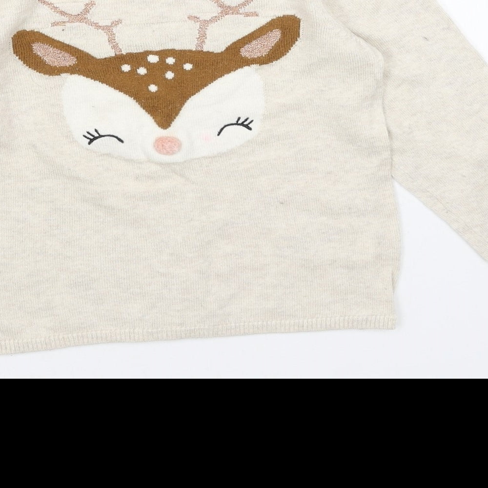 H&M Girls Beige Round Neck Cotton Pullover Jumper Size 2XS Pullover - Reindeer