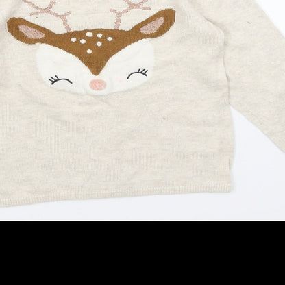 H&M Girls Beige Round Neck Cotton Pullover Jumper Size 2XS Pullover - Reindeer