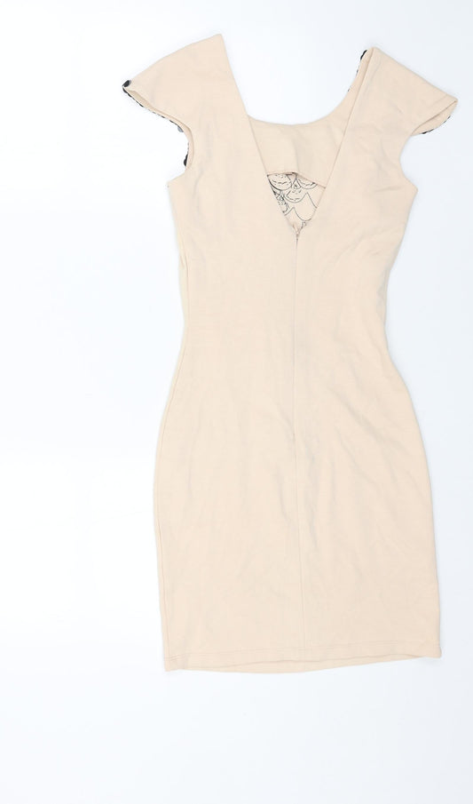 Lipsy Womens Beige Polyester Shift Size 6 Round Neck Zip - Open Back