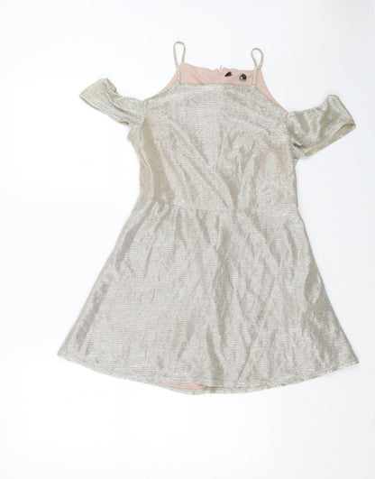 New Look Girls Gold Polyester Fit & Flare Size 15 Years Square Neck Zip - Cold Shoulder