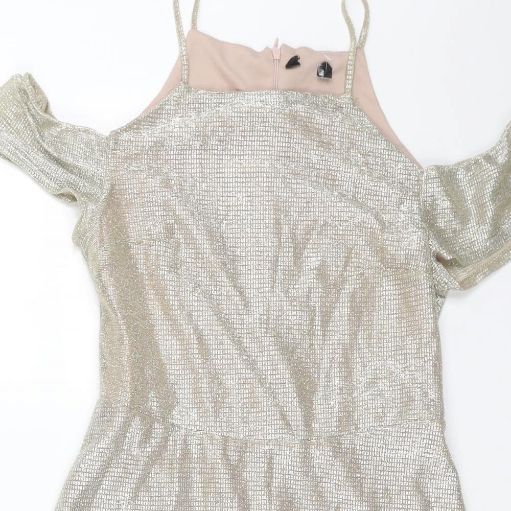 New Look Girls Gold Polyester Fit & Flare Size 15 Years Square Neck Zip - Cold Shoulder