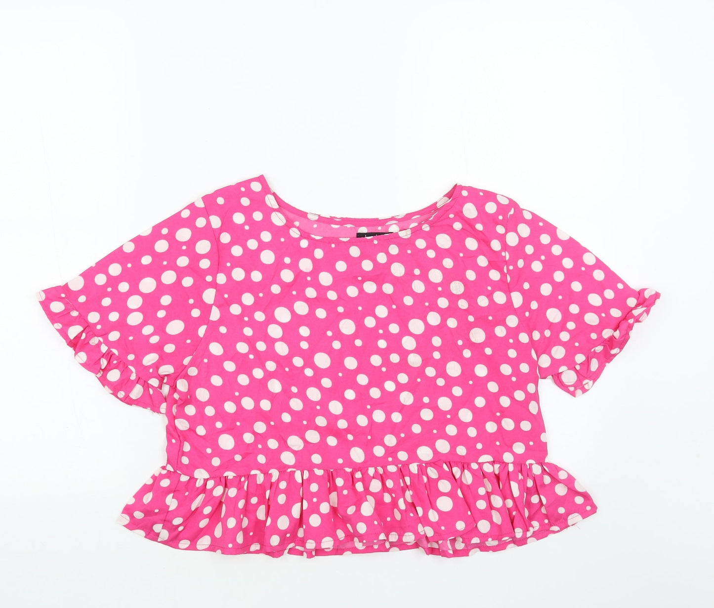 Boohoo Womens Pink Polka Dot Polyester Cropped T-Shirt Size 12 Round Neck