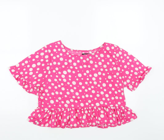 Boohoo Womens Pink Polka Dot Polyester Cropped T-Shirt Size 12 Round Neck