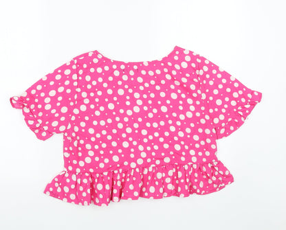 Boohoo Womens Pink Polka Dot Polyester Cropped T-Shirt Size 12 Round Neck