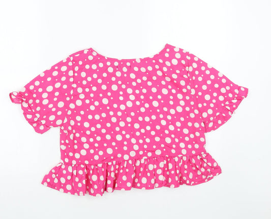 Boohoo Womens Pink Polka Dot Polyester Cropped T-Shirt Size 12 Round Neck