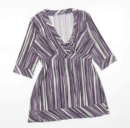 Marks and Spencer Womens Purple Striped Viscose A-Line Size 10 V-Neck Pullover