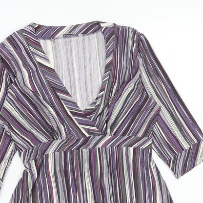 Marks and Spencer Womens Purple Striped Viscose A-Line Size 10 V-Neck Pullover
