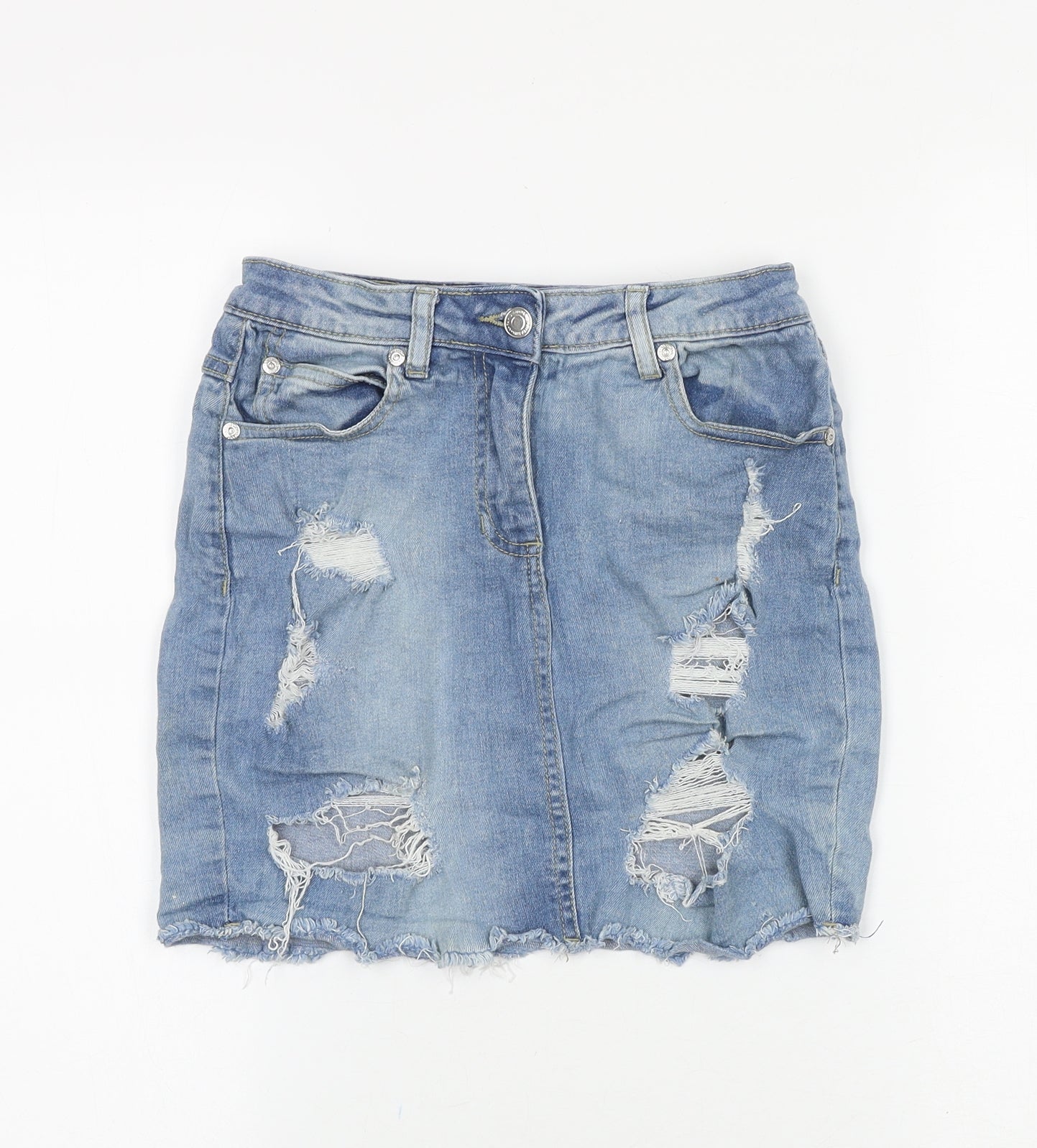 PARISIAN SIGNATURE Womens Blue Cotton Mini Skirt Size 6 Zip - Distressed Look