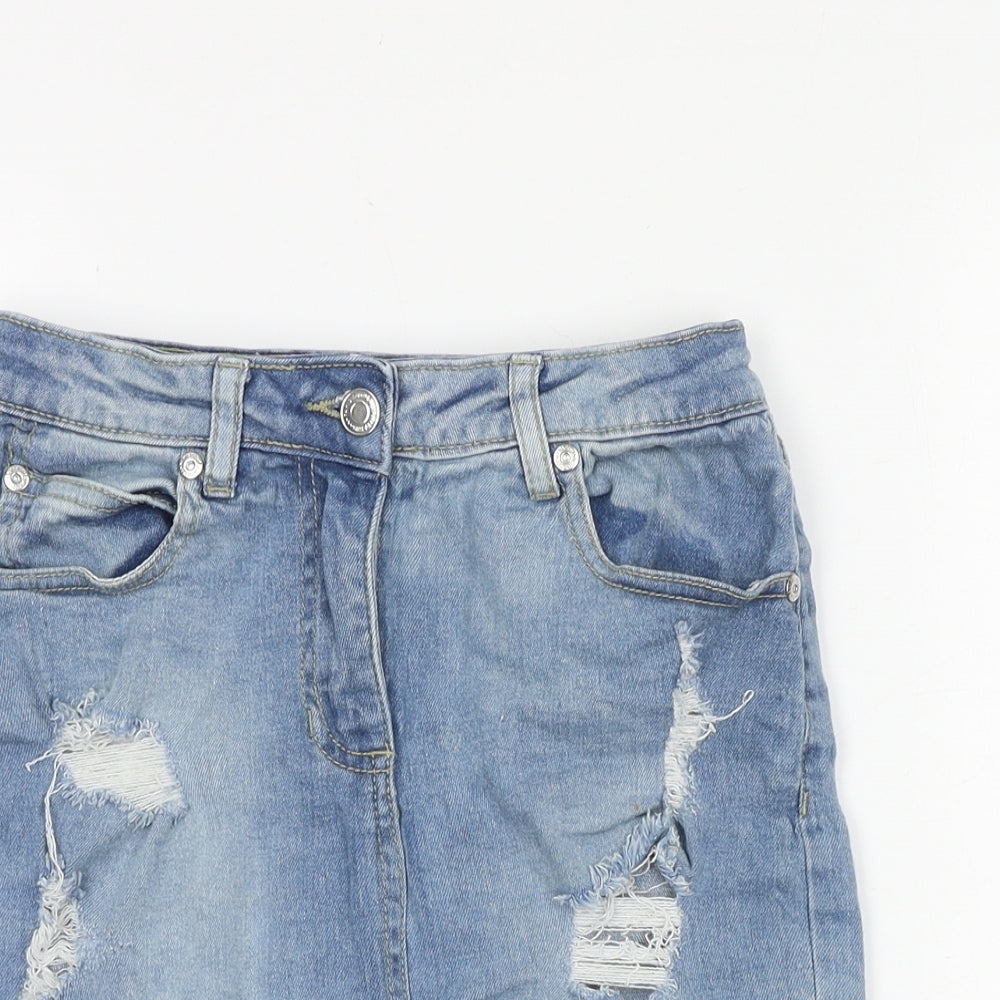 PARISIAN SIGNATURE Womens Blue Cotton Mini Skirt Size 6 Zip - Distressed Look