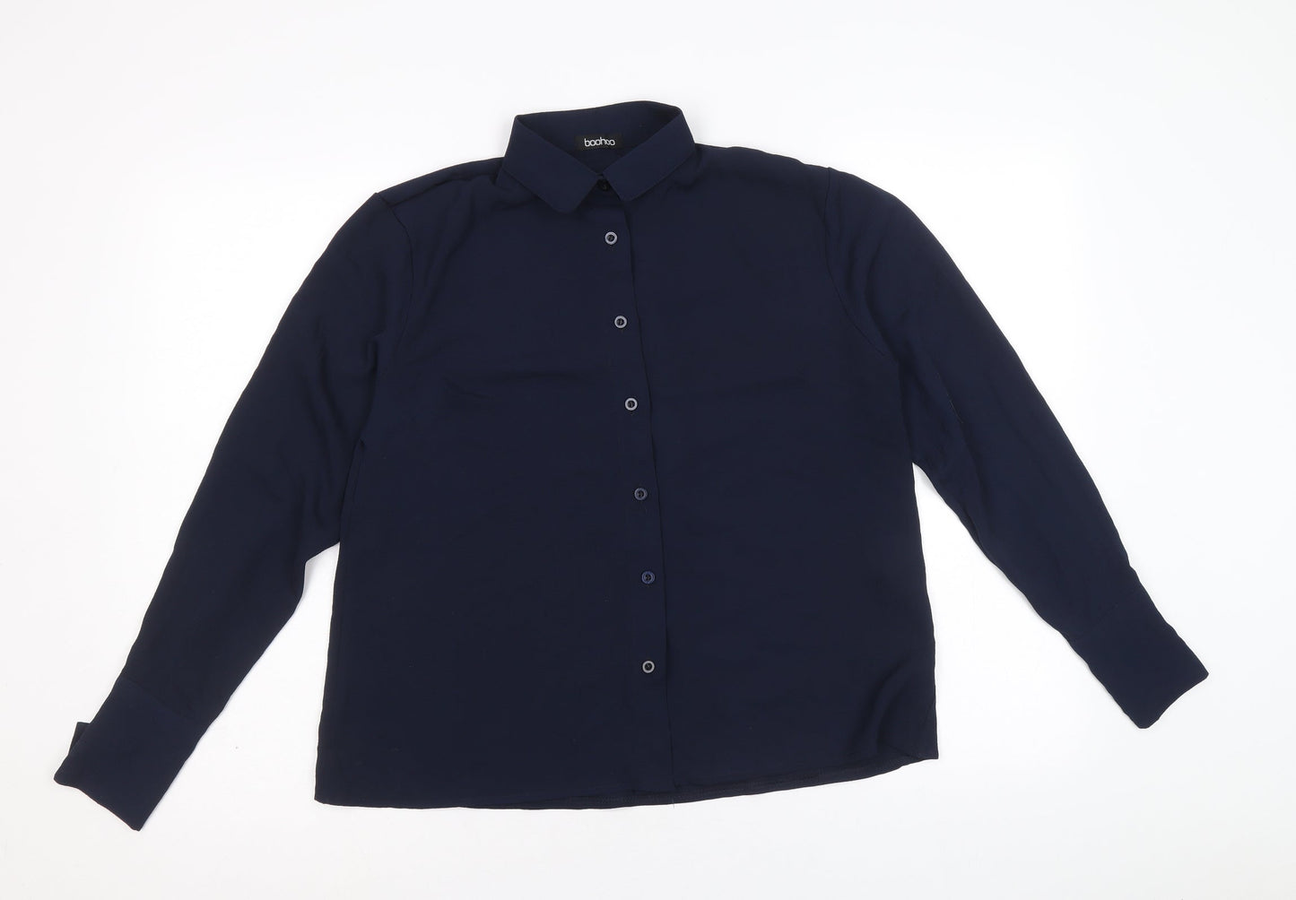 Boohoo Womens Blue Polyester Basic Button-Up Size L Collared