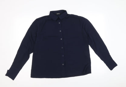 Boohoo Womens Blue Polyester Basic Button-Up Size L Collared
