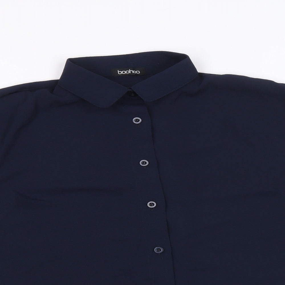 Boohoo Womens Blue Polyester Basic Button-Up Size L Collared