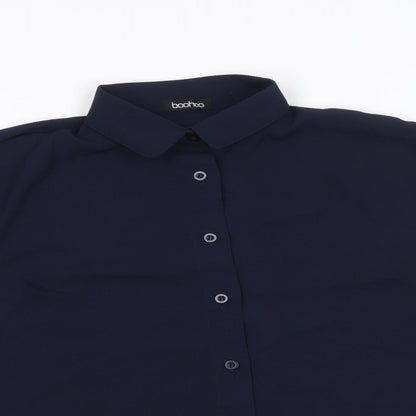 Boohoo Womens Blue Polyester Basic Button-Up Size L Collared
