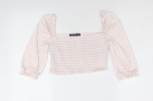 Nasty Gal Womens Pink Plaid Polyester Cropped Blouse Size 6 Square Neck