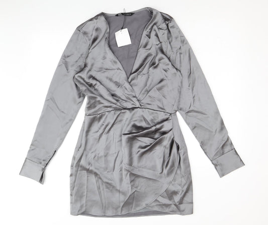 Zara Womens Silver Polyester Shirt Dress Size M V-Neck Zip