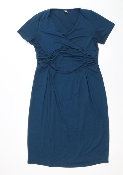 Mikeis Womens Blue Polyester A-Line Size M V-Neck Pullover
