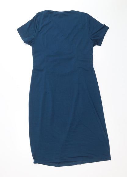 Mikeis Womens Blue Polyester A-Line Size M V-Neck Pullover