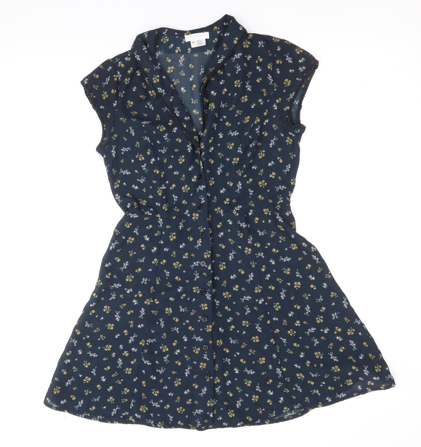 Cooperative Womens Blue Floral Polyester Fit & Flare Size XS V-Neck Button