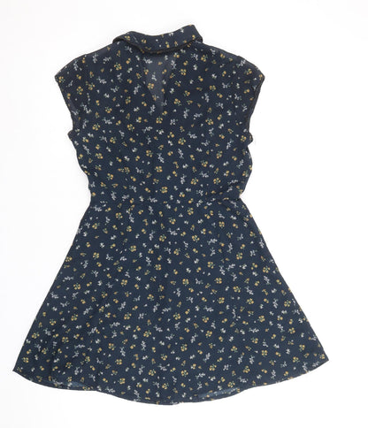 Cooperative Womens Blue Floral Polyester Fit & Flare Size XS V-Neck Button