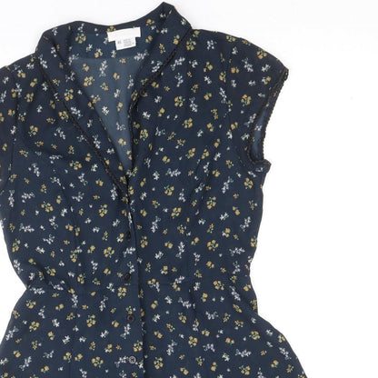 Cooperative Womens Blue Floral Polyester Fit & Flare Size XS V-Neck Button