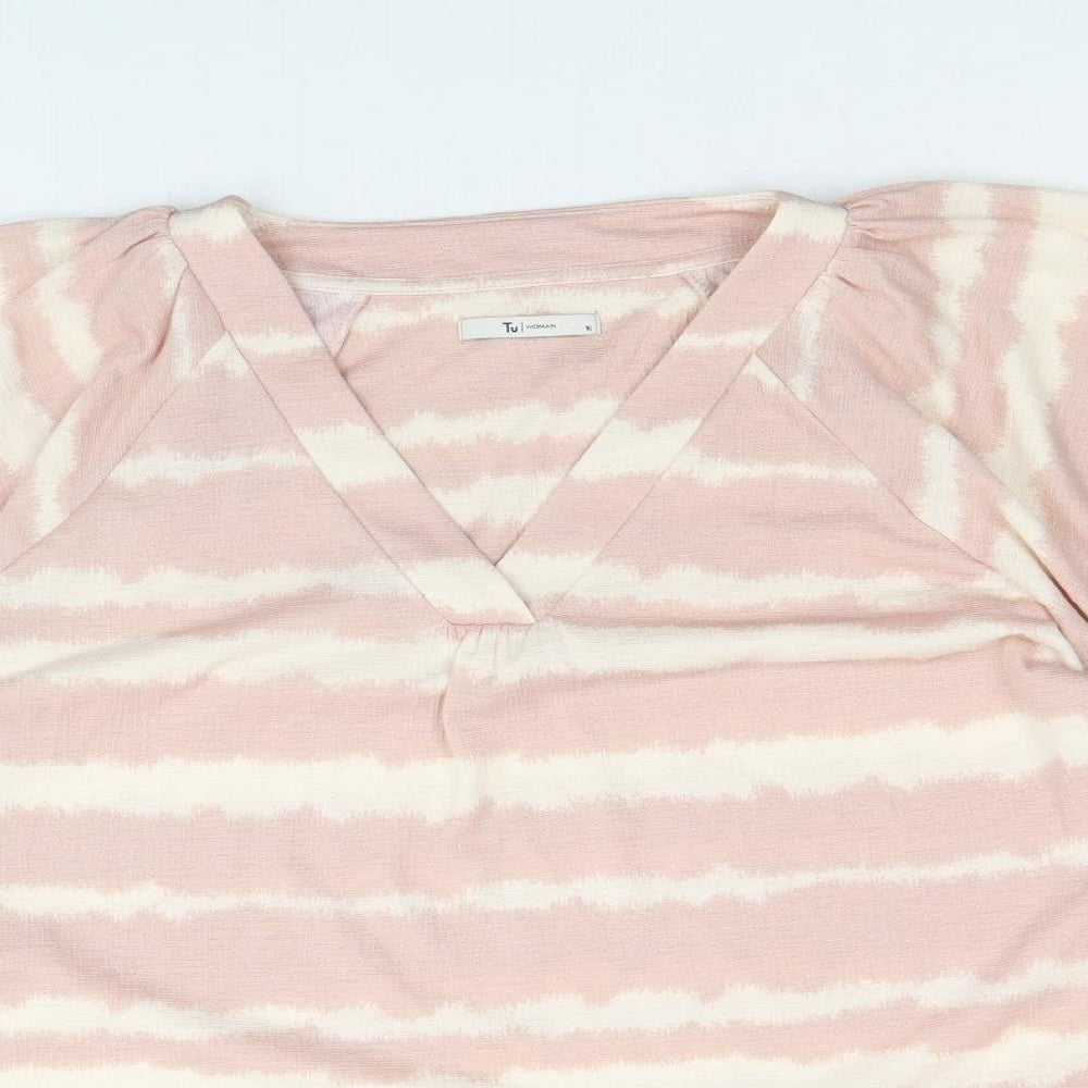 TU Womens Pink Striped Polyester Basic Blouse Size 16 V-Neck