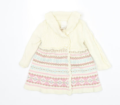 Preworn Girls Ivory Fair Isle Cotton Jumper Dress Size 3-6 Months Collared Snap