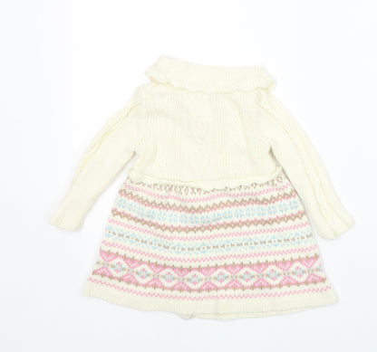 Preworn Girls Ivory Fair Isle Cotton Jumper Dress Size 3-6 Months Collared Snap