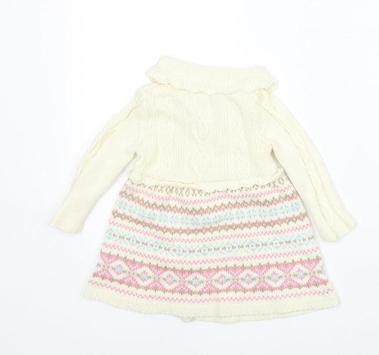 Preworn Girls Ivory Fair Isle Cotton Jumper Dress Size 3-6 Months Collared Snap