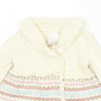 Preworn Girls Ivory Fair Isle Cotton Jumper Dress Size 3-6 Months Collared Snap