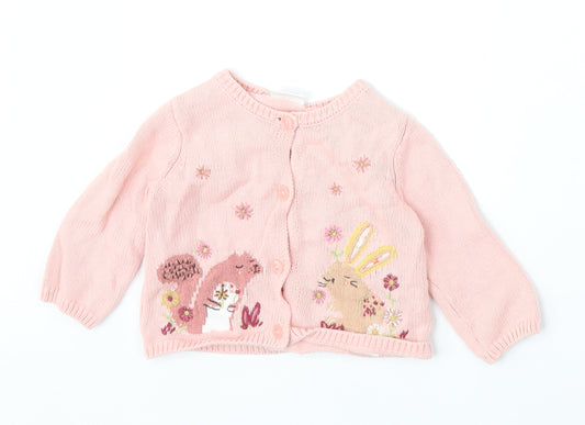 NEXT Girls Pink 100% Cotton Cardigan Jumper Size 3-6 Months Button - Embroidered Appliqués