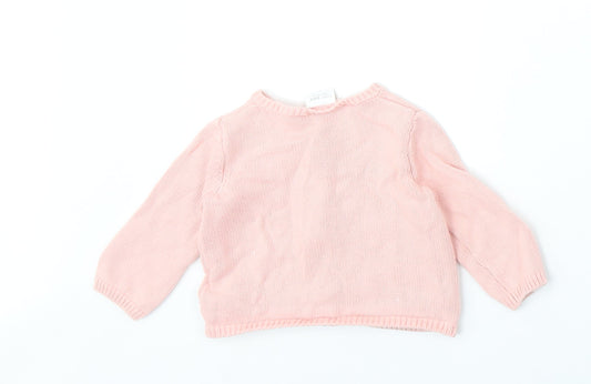 NEXT Girls Pink 100% Cotton Cardigan Jumper Size 3-6 Months Button - Embroidered Appliqués
