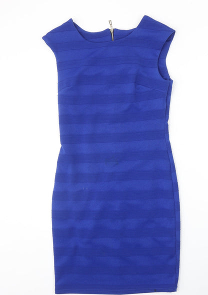 Mela London Womens Blue Striped Polyester A-Line Size 10 Round Neck Zip